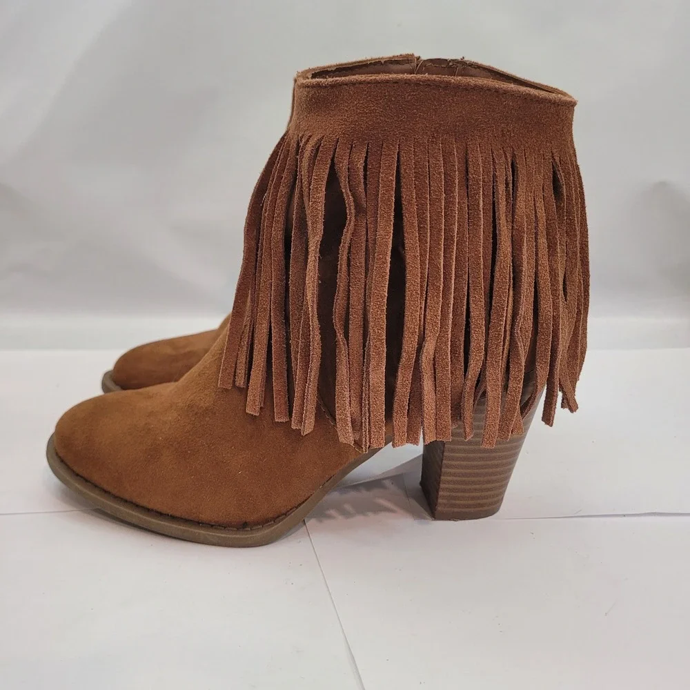 Target Fringe Ankle Boots Womens 6.5 Cognac Brown Leather Block Heel Booties